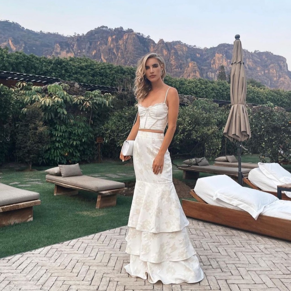 V. Chapman White Floral Tiered Maxi Skirt and Bustier Set